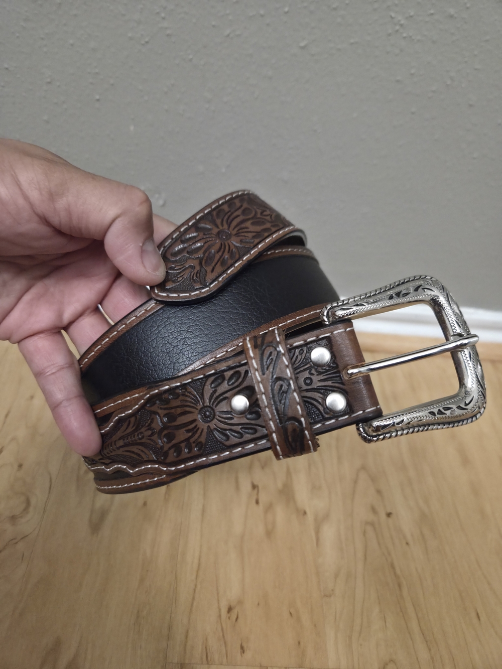 Tooled Black Brown Two Tone Ariat Cowboy Western Belt 36